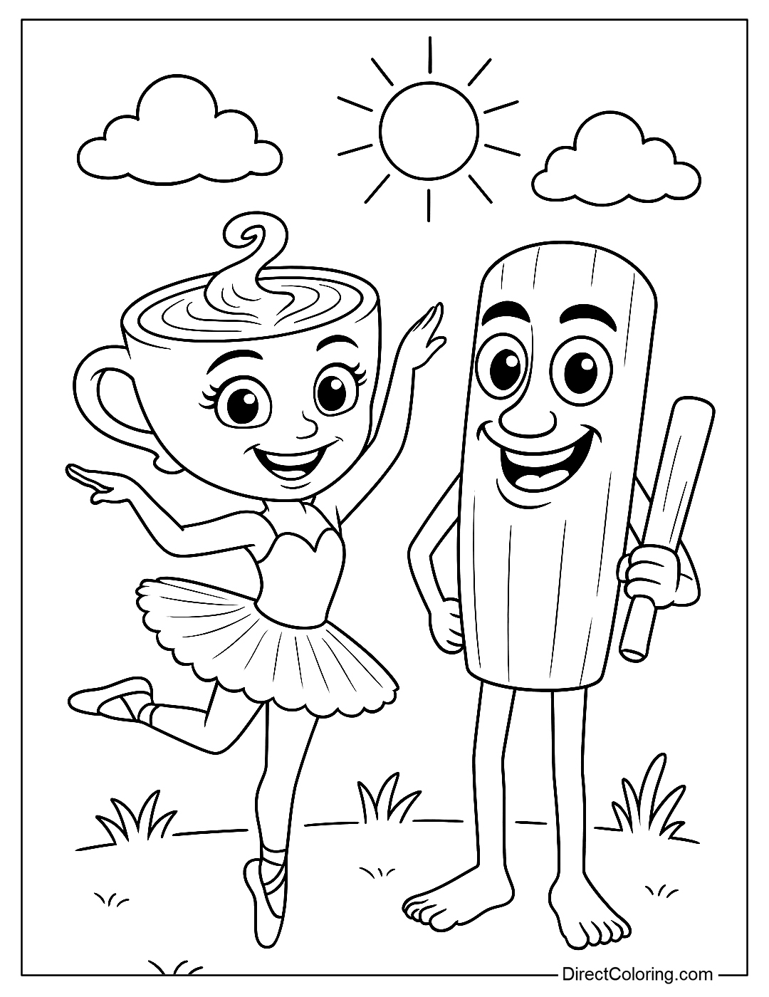 a coloring page of Cappuccina dancing ballet while Tung Tung Tung Sahur stands next to her and beats the wooden mallet